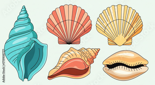 A set of five colorful seashells, including a conch, scallop, and cowrie, , perfect for summer, beach, or nautical themes