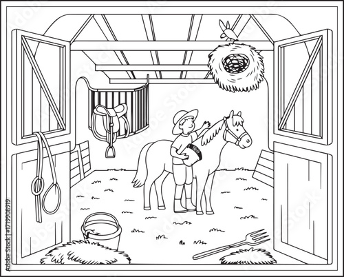 Countryside agriculture theme with farm animals, harvest elements, farmer in natural field black line art vector outline illustration beautiful coloring page for kids