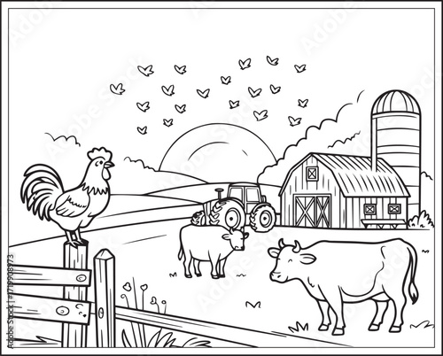 Countryside agriculture theme with farm animals, harvest elements, farmer in natural field black line art vector outline illustration beautiful coloring page for kids