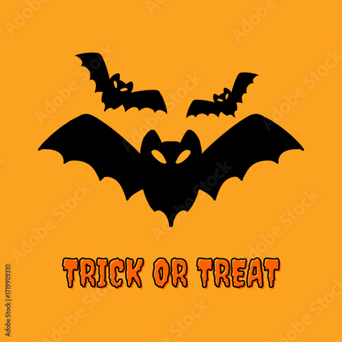 Halloween illustration of three black bats and trick or treat text