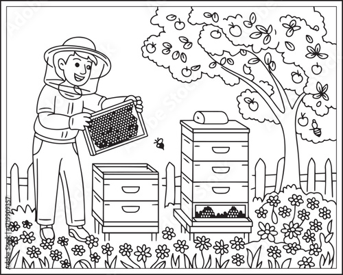 Countryside agriculture theme with farm animals, harvest elements, farmer in natural field black line art vector outline illustration beautiful coloring page for kids