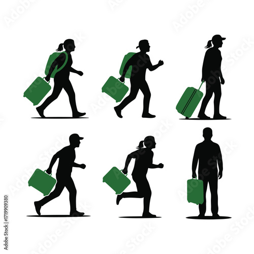 Vector art of silhouette of people running with luggage