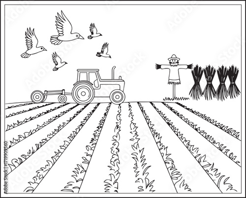 Countryside agriculture theme with farm animals, harvest elements, farmer in natural field black line art vector outline illustration beautiful coloring page for kids