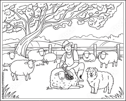 Countryside agriculture theme with farm animals, harvest elements, farmer in natural field black line art vector outline illustration beautiful coloring page for kids