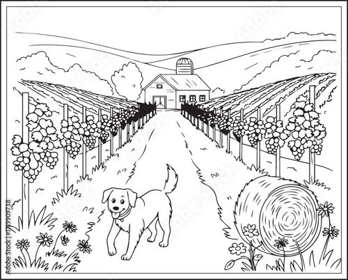 Countryside agriculture theme with farm animals, harvest elements, farmer in natural field black line art vector outline illustration beautiful coloring page for kids