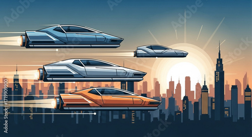 Futuristic cityscape with flying cars soaring above the skyline, a vibrant illustration of a modern metropolis with advanced transportation technology