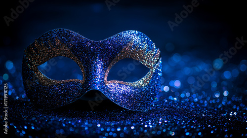 Halloween celebration, masquerade blue mask with glitter, copy space.