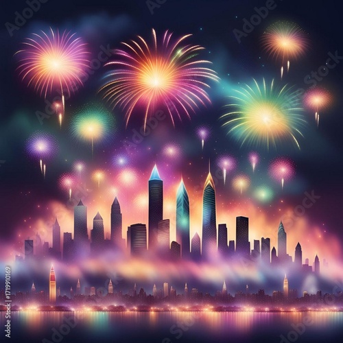 Illustration d'une ville éclairée par un feu d'artifice.