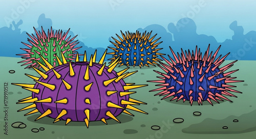 A colorful cartoon illustration of sea urchins underwater, showcasing their spiky appearance and vibrant colors against a blue and green seabed backdrop