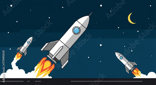 A dynamic cartoon illustration of rockets launching into space at night, with stars, a crescent moon, and fiery exhaust trails, symbolizing ambition and progress