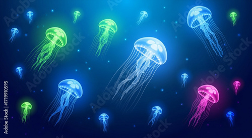 A mesmerizing display of jellyfish gracefully swimming in the deep blue ocean, their bioluminescent bodies glowing with vibrant colors, creating a surreal and enchanting underwater scene