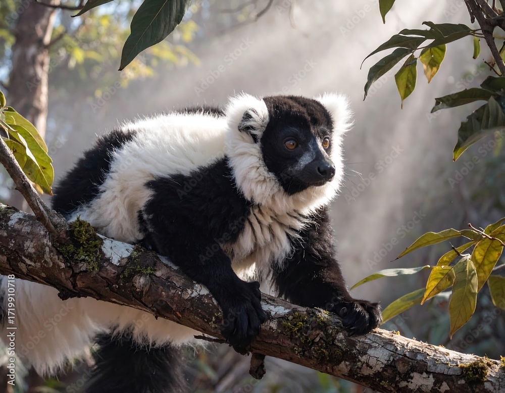 Naklejka premium Lemur resting on branch in forest