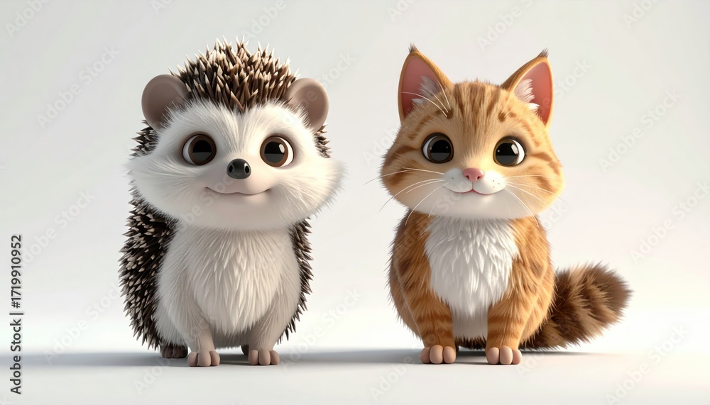 Fototapeta premium Cute hedgehog and cat cartoon animals