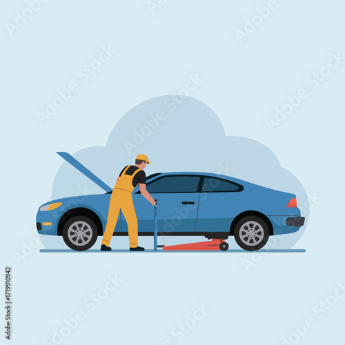 Mechanic repairing a car with the hood open using a jack lift tool