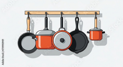 Kitchenware collection a charming illustration showcasing various pots and pans hanging neatly on a wooden rack, perfect for culinarythemed designs