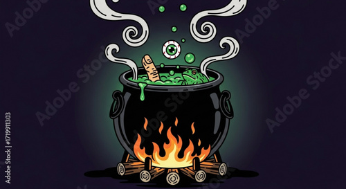 Witchs cauldron bubbling with a spooky green potion isolated on dark background, featuring eyeballs, fingers, and smoke, perfect for halloween
