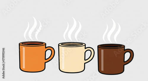 Three steaming mugs of coffee in orange, beige, and brown, perfect for a cozy morning or a coffee break illustration