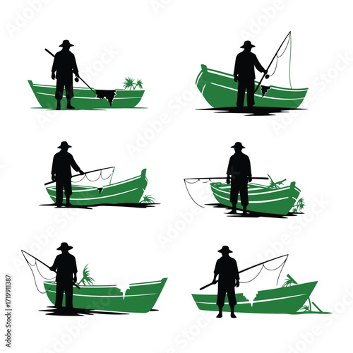 Vector art of silhouettes of fishermen in boats with fishing rods