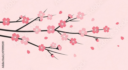 A delicate branch adorned with pink cherry blossoms, creating a beautiful and serene floral pattern