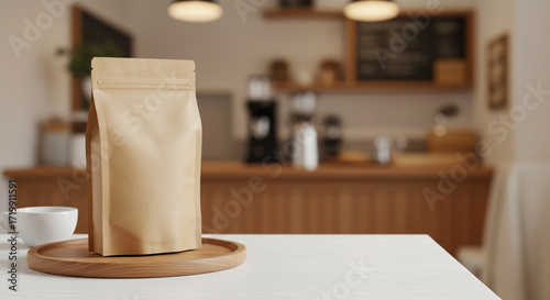 Blank 3D Gourmet Coffee Bag Mockup on Café Counter with Artisanal Kitchen Background