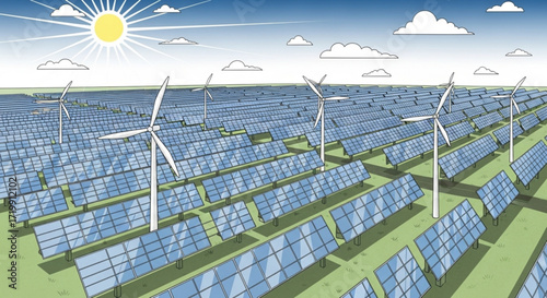 A vast solar panel field with wind turbines under a bright sun and cloudy sky, representing renewable energy and sustainable power generation