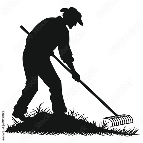 Farmer raking hay silhouette