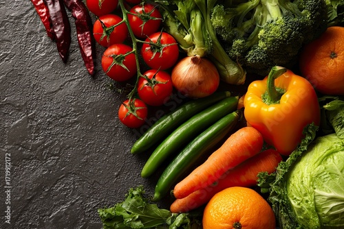 Fresh Vegetables Assortment Including Cherry Tomatoes Bell Pepper Carrot Onion Broccoli and Lettuce on Dark Textured Surface