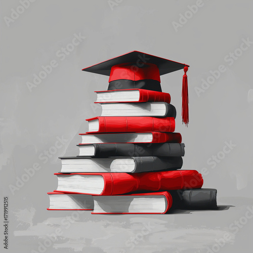 Stack of books with graduation cap on top, symbol of education, knowledge, learning, and academic achievement
