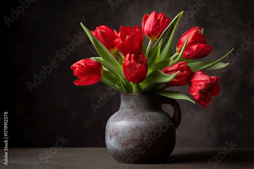 Red Tulips in Rustic Ceramic Vase on Dark Background