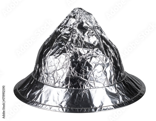 A shiny, metallic hat made of aluminum foil, shaped like a classic pith helmet, reflecting light and shadows.