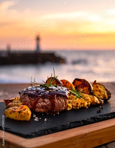 Gourmet steak dinner by the ocean at sunset