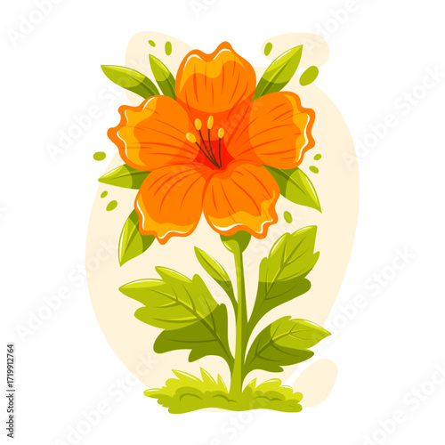 Orange flower with green leaves. Cartoon vector floral illustration for summer, nature and garden decoration.