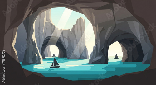 A serene illustration of a sea cave with boats sailing through sunlit openings, creating a tranquil scene of natures beauty and maritime adventure