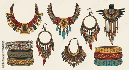 Handdrawn collection of ethnic jewelry, including necklaces, earrings, and bracelets, showcasing tribal and bohemian style