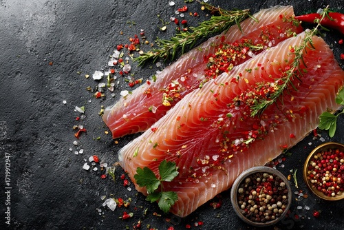Fresh Raw Fish Fillets with Herbs and Spices on Dark Surface