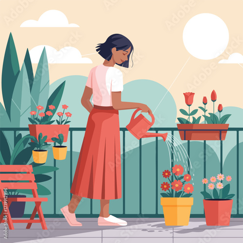 Woman waters flowers on the balcony with a watering can in the summer day