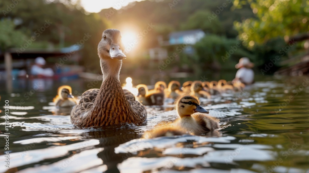 Fototapeta premium A group of ducklings follows their mother in a perfect, single-file line through the calm water