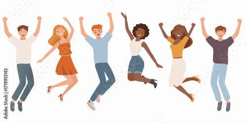 Diverse group of happy young adults jumping in the air celebrating success and freedom