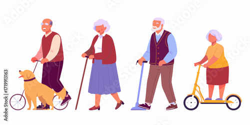 Diverse group of elderly people enjoying outdoor activities with mobility aids and a dog