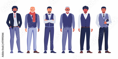Diverse group of men in stylish business casual and formal attire standing together