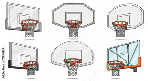 A collection of basketball hoops, featuring various designs and styles for sports equipment and recreational activities, suitable for basketball enthusiasts