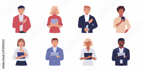Diverse group of professional men and women in business attire holding tablets and phones
