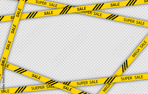 Banner with yellow ribbons with black stripes. Flyer border for sale for promotion. Big Sale warning ribbon with yellow tapes and discount text. Graphic element