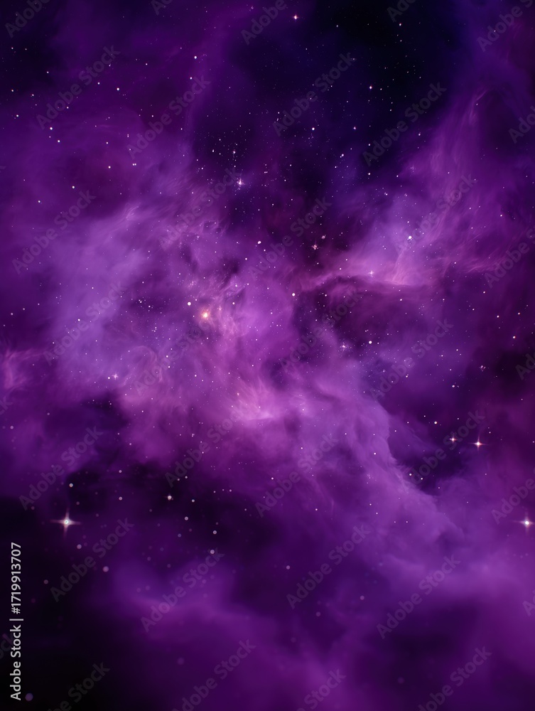 Fototapeta premium Stunning purple sky filled with shining stars and colorful nebula clouds in photorealistic cosmic night scene, capturing the beauty of outer space and dreamy universe atmosphere.