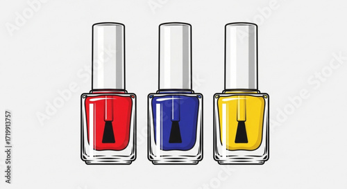Three nail polish bottles in red, blue and yellow colorful nail polish bottles for manicure and pedicure in a row