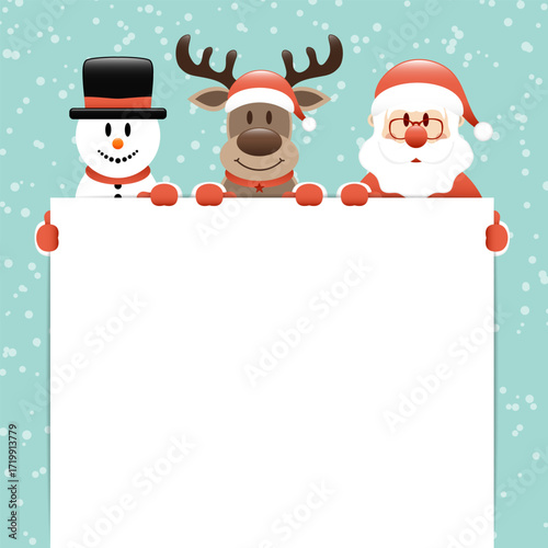 Schneemann Rentier Und Weihnachtsmann Mit Schild Schnee Türkis