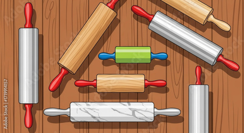 Assortment of rolling pins on a wooden surface, showcasing various materials and colors, perfect for baking and culinary themes, creating a visually appealing pattern