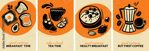 Collection of vintage style breakfast posters. Minimalist food and drink illustrations with coffee, tea, toast, fruits, and cereals. Perfect for kitchen decor, cafes, restaurants, and wall art.