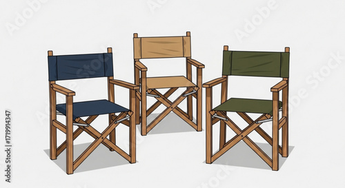 Illustration of three director chairs in different colors, , showcasing a classic movie set staple, perfect for film and theater themes