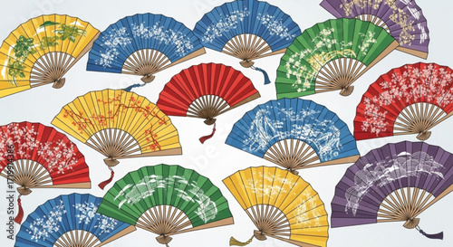 Illustration of various colorful hand fans with intricate designs, , showcasing a traditional and decorative object, perfect for cultural themes
